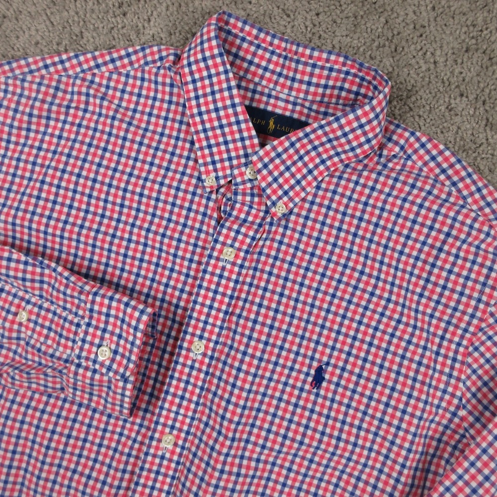 Polo Ralph Lauren XL Red Blue Gingham Cotton Oxford Pony Logo Cotton Button Up